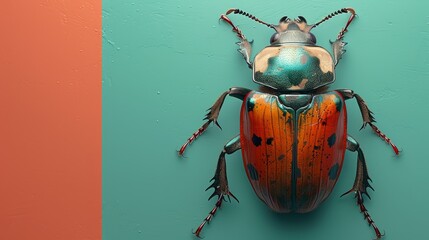   A detailed shot of a vibrant beetle against a green and orange backdrop..A photograph of an insect on a green and orange background - obrazy, fototapety, plakaty