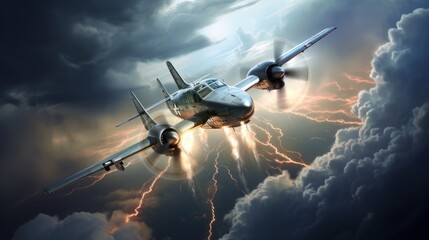 Naklejka premium Bright lightning strike and a flying airplane in a thunderstorm at night.
