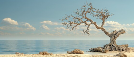   A tree standing by the sandy shore, clouds in the sky, water background