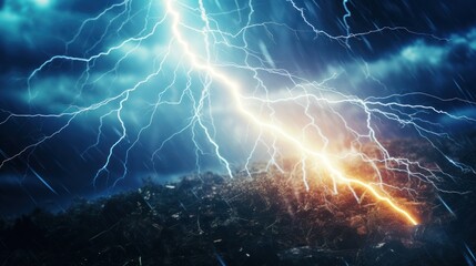 Fototapeta premium Close-up view of a bright lightning strike on ground in a thunderstorm at night.