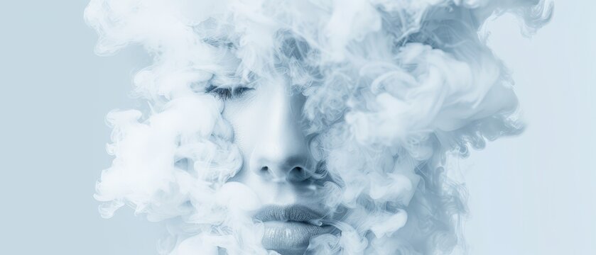   A monochrome image of a woman's face with a plume of smoke rising from it, and a cigarette positioned in her mouth