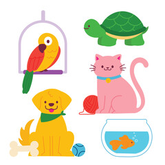 Happy National Pet Day character vector set. Adorable animal hand drawn of dog, golden retriever, cat, gold fish, bird, parrot, turtle. Cute pet design illustration for sticker, decoration, clipart.