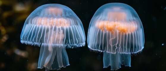   A few jellyfish rest side by side on a dark surface, facing a window