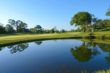 Fototapeta na wymiar A tranquil water hazard reflecting the clear sky on a sunny day.