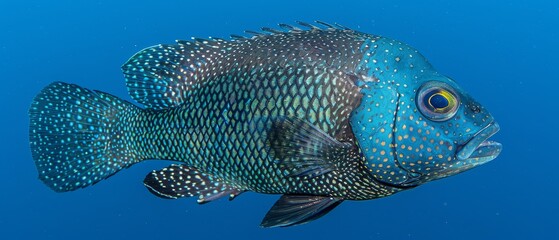   A tight shot of a fish swimming in a body of water, adorned with blue and yellow spots - obrazy, fototapety, plakaty