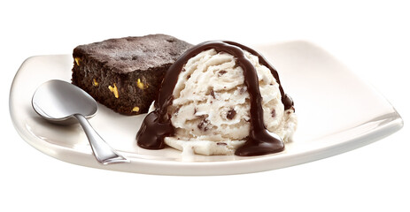 prato com bola de sorvete com calda de chocolate derretido acompanhado brownie isolado em fundo transparente