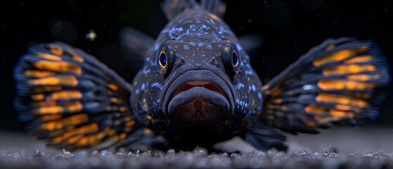   A tight shot of a fish with its mouth agape and radiant lights at its tail end - obrazy, fototapety, plakaty