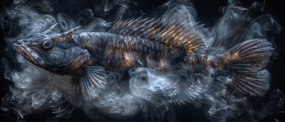   A tight shot of a fish exhaling steam from its mouth, overlaid on a backdrop of tranquil water - obrazy, fototapety, plakaty