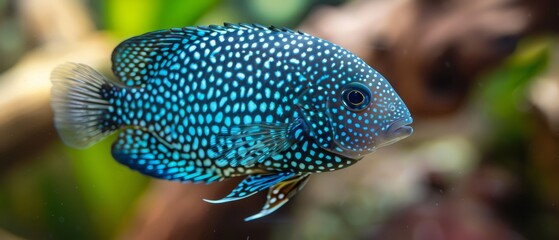   A tight shot of a blue-and-white fish swimming in an aquarium, surrounded by vivid plants in the background The backdrop is softly blurred