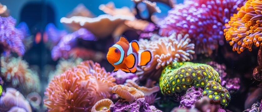   A tight shot of a clown fish amidst various colored corals and anemones in an aquarium