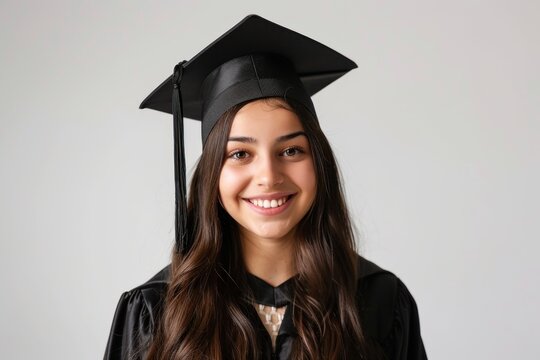 Young smiling girl wearing graduation dress and cap isolated on white background