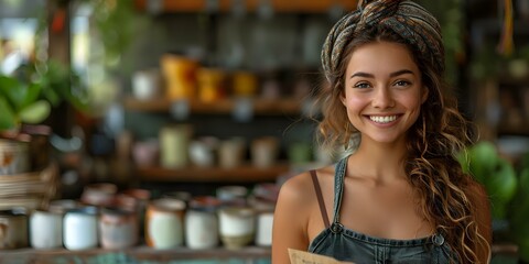 Ceramic Store Owner Delighted by Positive Online Review from Satisfied Customer. Concept Small Business Success, Online Reputation, Customer Feedback, Retail Marketing