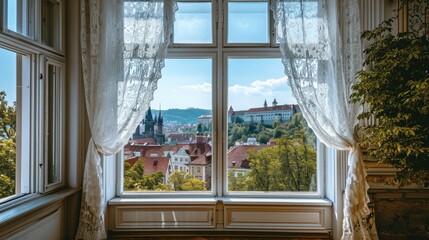 Window view of beautiful historical buildings of Prague city in Czech Republic in Europe. - obrazy, fototapety, plakaty