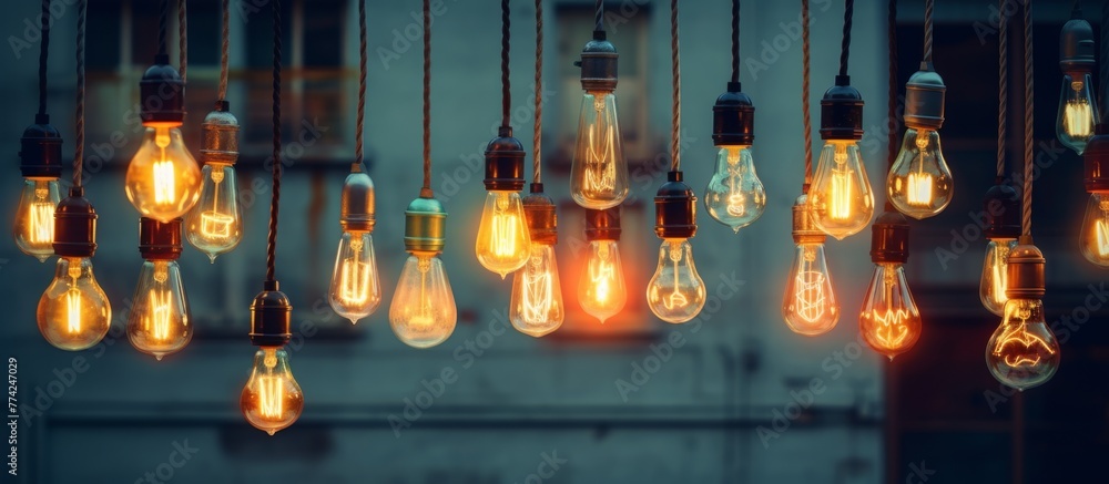 Poster multiple light bulbs of various shapes and sizes are suspended from the ceiling, creating a captivat