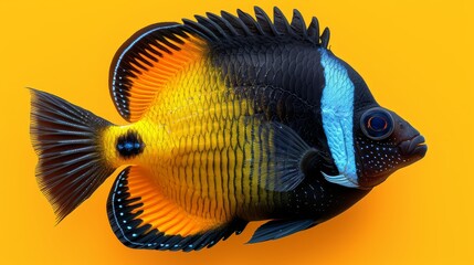   A detailed view of a black-and-yellow fish with a blue lateral stripe on its head - obrazy, fototapety, plakaty