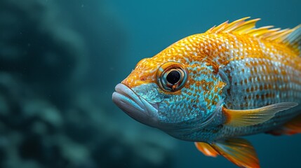   A tight shot of a yellow-blue fish with a black-white stripe on its dorsal side - obrazy, fototapety, plakaty