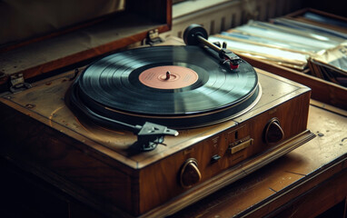 A retro-style record player sits atop a wooden cabinet, with vinyl records and audio components...