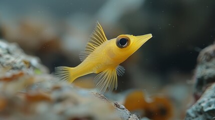   A tight shot of a tiny yellow fish perched on a rock, set against a backdrop of water and surrounding rocks