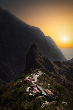 Beautiful sunset over the Masca village on Tenerife island, Spain, Canary Islands.