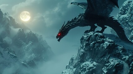 A dragon stand resting on top of a mountain with its wings folded with moonlight.