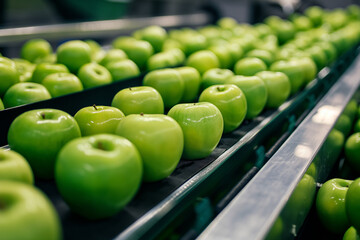 Fresh green apples are placed on a conveyor belt to be graded using robotic technology.