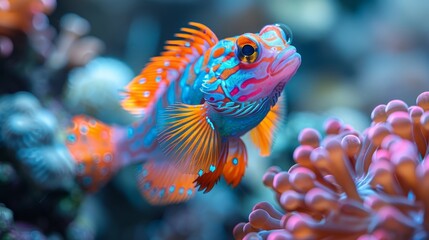   A tight shot of a vibrant blue-orange fish amidst corals Corals populate the background as well