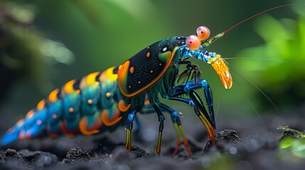   A close-up of a colorful insect on a rock, holding a worm in its mandibles