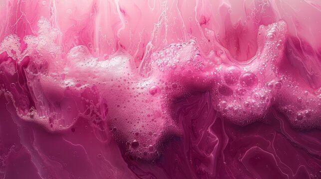   A close-up of a pink and white background features bubbles of water on the left side The upper right side displays the top half of a pink image The bottom half of the image
