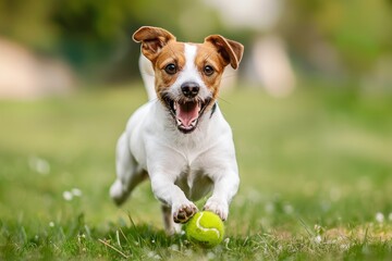happy jack russell terrier dog running and bringing a tennis ball - obrazy, fototapety, plakaty