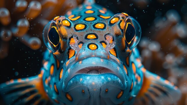   A blue-yellow fish with orange spots on its face, against a black backdrop ..Or, if you prefer to maintain the original word order:.
