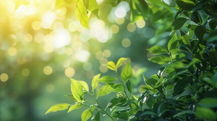 Sunlight filters through the lush green leaves, creating a serene and natural backdrop. The leaves have an intricate pattern of veins. Copy space.