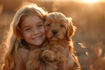 A cheerful young girl hugs her puppy affectionately in golden light