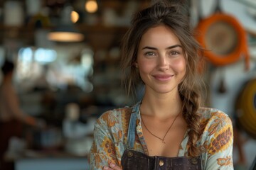 A cheerful young lady with a floral blouse and overalls smiles in a bustling café environment