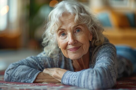 A smiling elder woman with curly silver hair rests her chin on her hands on a colorful textile