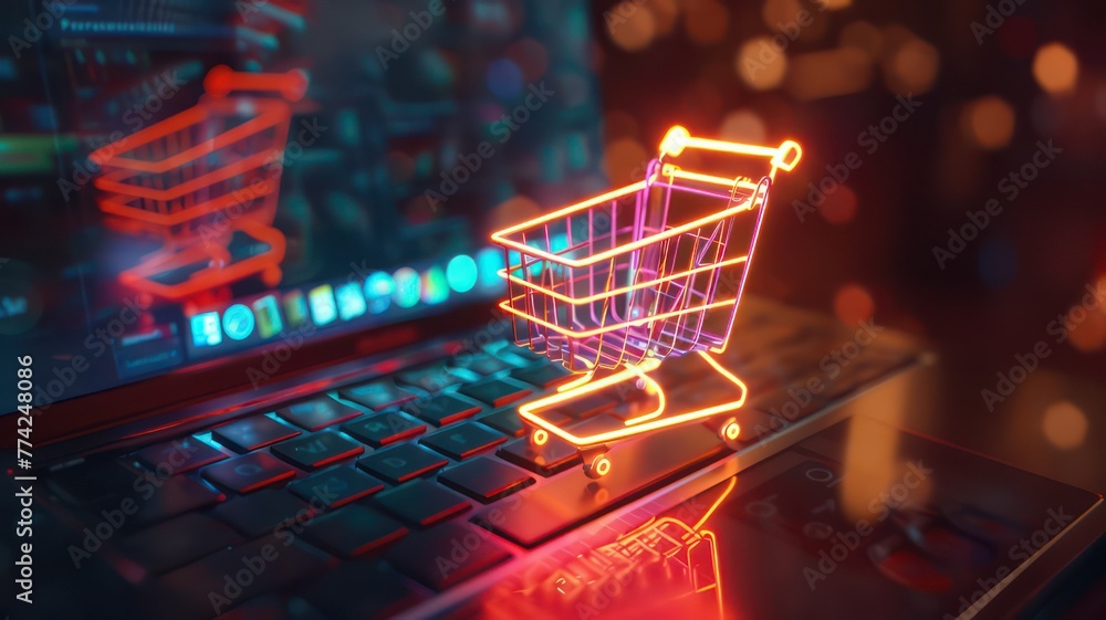 Poster glowing shopping cart on a laptop created with generative ai