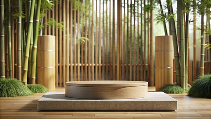 Natural Bamboo Podium, front view focus, with a Zen Garden Background.