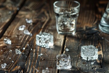   Ice cubes on a wooden table A glass of water sits in the center, holding another glass of water