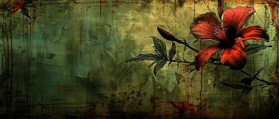   A red flower against a green, rusted backdrop; grungy background includes rusted metal frame