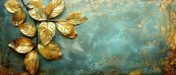  a painting featuring a gold leafy branch on the left side - obrazy, fototapety, plakaty
