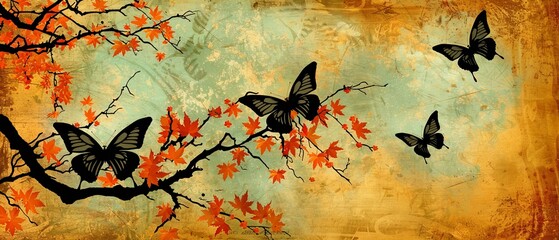   Three butterflies fly above a tree branch adorned with red leaves against a blue sky background