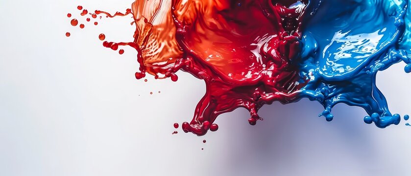   A white surface holds a red and blue liquid as they splash and mingle against one another, backed by a tranquil light blue background