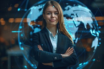 Fototapeta na wymiar Happy young european businesswoman with folded arms and holographic screen with digital globe interface and business
