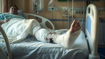 patient lying in hospital bed with broken leg bone wrapped in ca - obrazy, fototapety, plakaty
