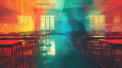 collage of classroom interior with school desks and chairs. Generative AI - Powered by Adobe