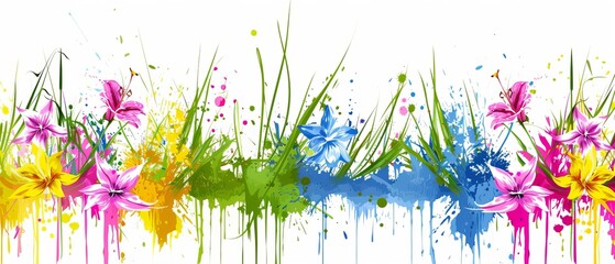   A painting of flowers and grass against a white backdrop, with splatters of paint at the bottom