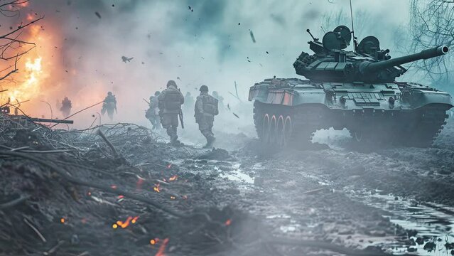 Tanks on battlefield, war machines with fire and smoke clouds,