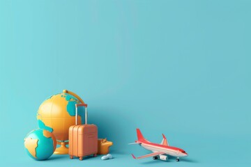 travel holiday conceptual 3D rendering. light image with 3D rendering of an airplane and suitcase and globe.