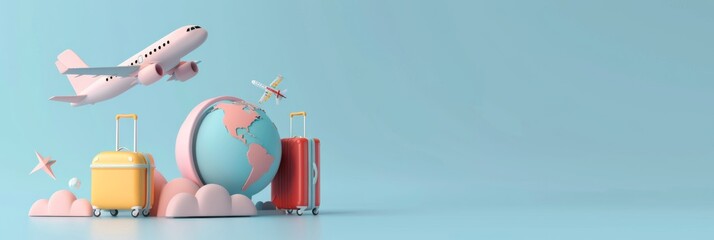 travel holiday conceptual 3D rendering. light image with 3D rendering of an airplane and suitcase and globe.