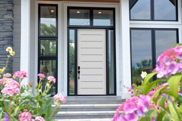 Fototapeta na wymiar Modern White Front Door With Black Frame and Sidelights
