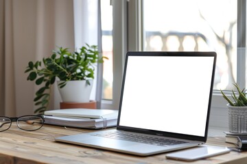Home office empty white laptop screen on wooden table